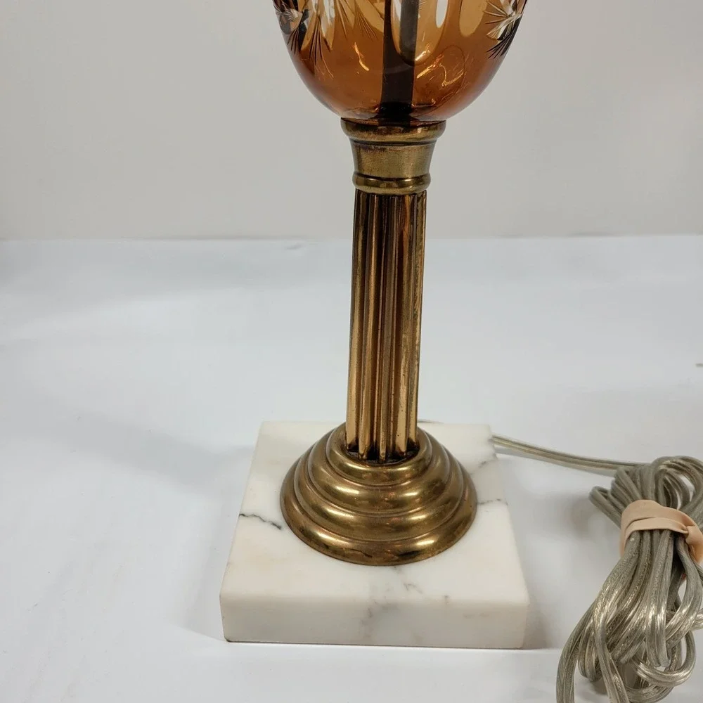 Mid Century Amber Glass Lamp Wheel Cut Starburst Brass Marble Hollywood Regency